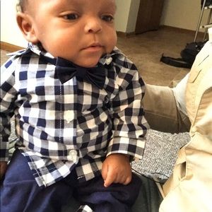 Blue pants with the matching top and tie